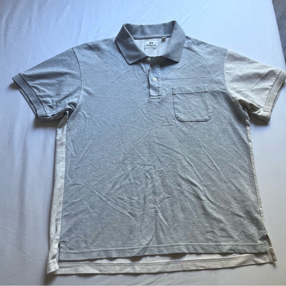 ENGINEERED GARMENTS‎ x UNIQLO grey cream colorblock patchwork short sleeve polo